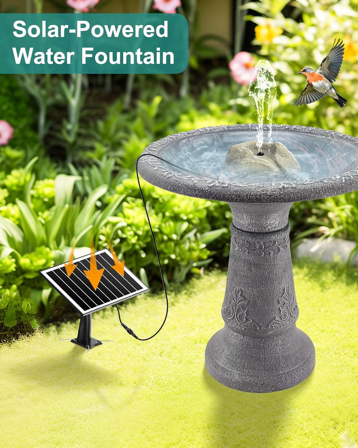 Solar Fountain for Bird Bath with Dry Run Protection Solar Powered Bird Bath Pump with 10 Nozzles,Resin Granite Rock Bird Fountain for Outdoor Water Features,Ponds,Can Cloudy Day Use（White）