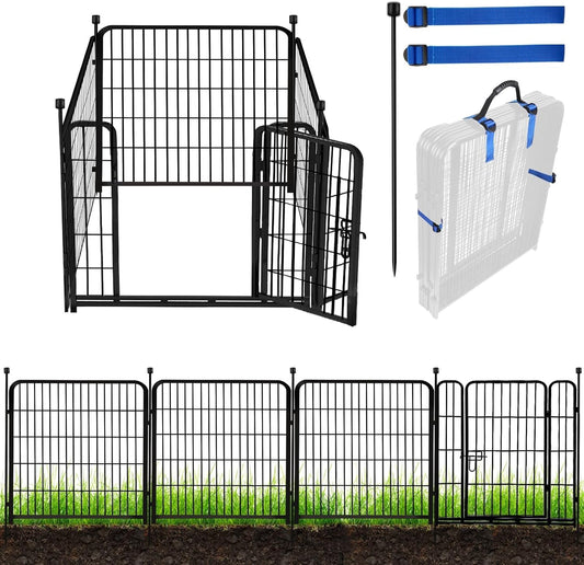 ADAVIN Tall Garden Fence with Gate,40 in(H) 4 Panels Animal Barrier Fence, Black Heavy Duty Iron Metal Fencing Border, Indoor or Outdoor Dog Playpen, No Dig RV Fencing for Yard. Total 8.9 FT(L)