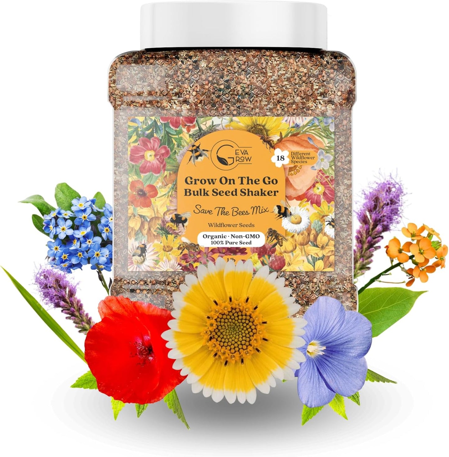 Wildflower Seed Mix 1LB Tub - Save The Bees Seed Mix, by GevaGrow | Bulk 300,000+ Seeds | Pollinator & Bee Attracting Flower Seeds Bulk for Planting in Pots & Outdoor Gardens | 1 Pound Tub