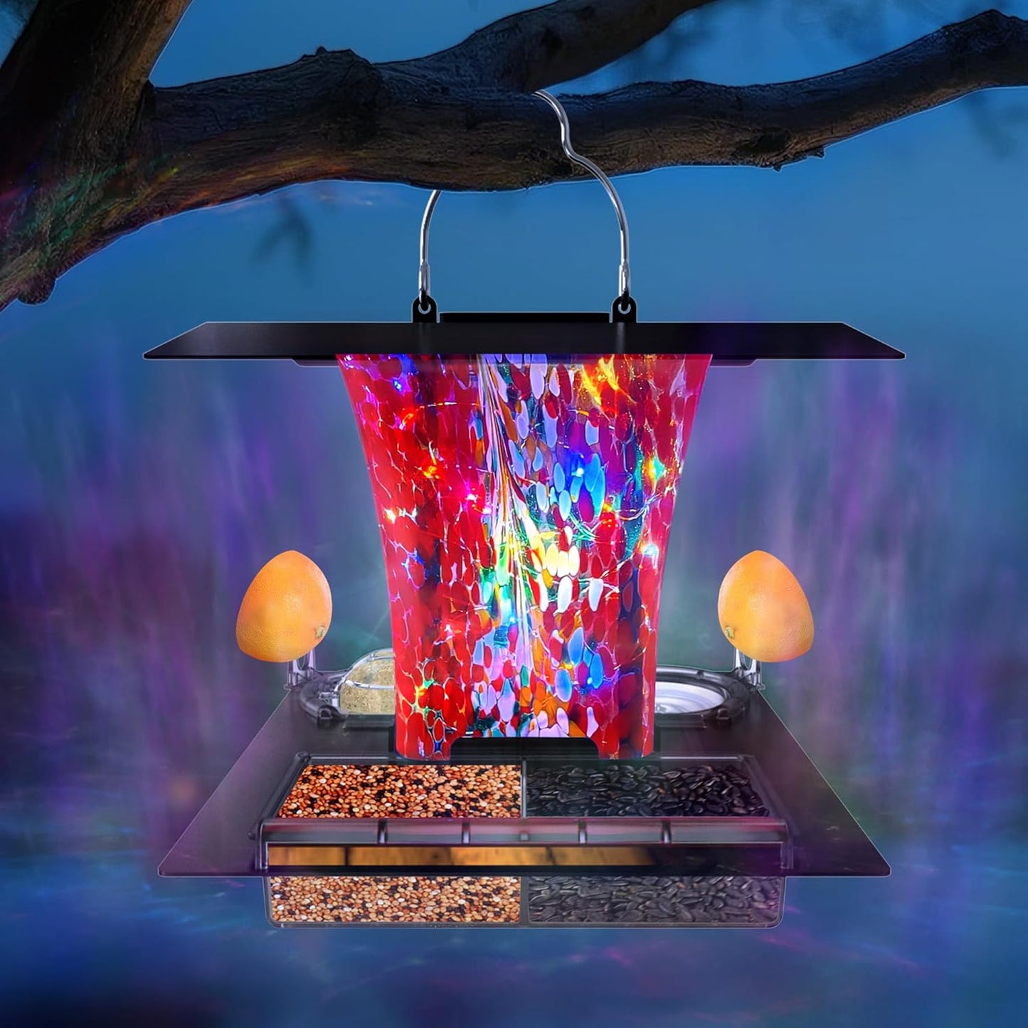 LUJII 6-in-1 Solar Bird Feeder with RGB String Lights, Hand Blown Glass, 2 Removable Trays for Bird Seed, Suet Ball, Mealworm, Oriole Orange Fruit, Jelly or Water, Red