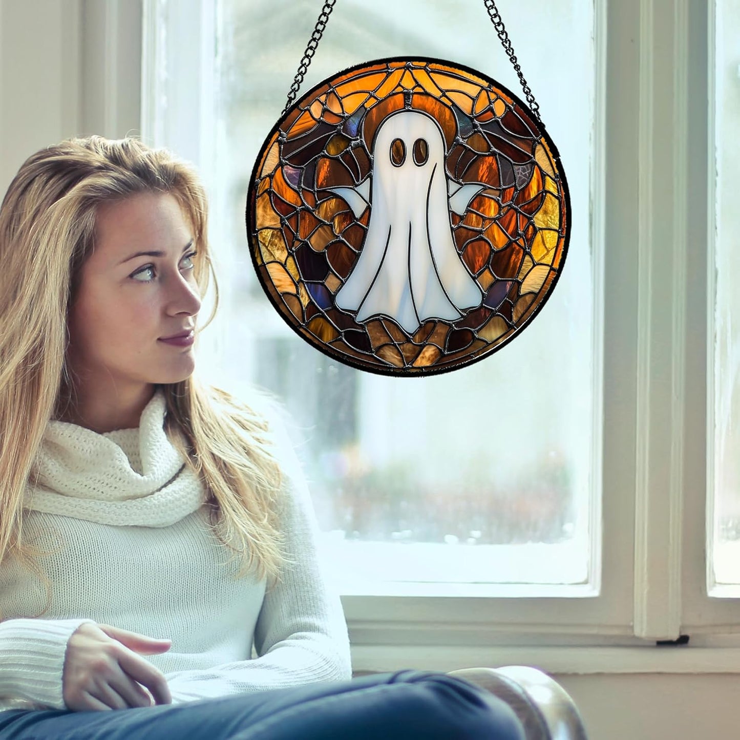 Stained Glass Window Hanging Halloween White Horror Ghost Large 11.8" - Suncatcher Door Garden Kitchen Sun Catcher Home Gothic Decor Birthday for Mom Men Woman Friend Grandma