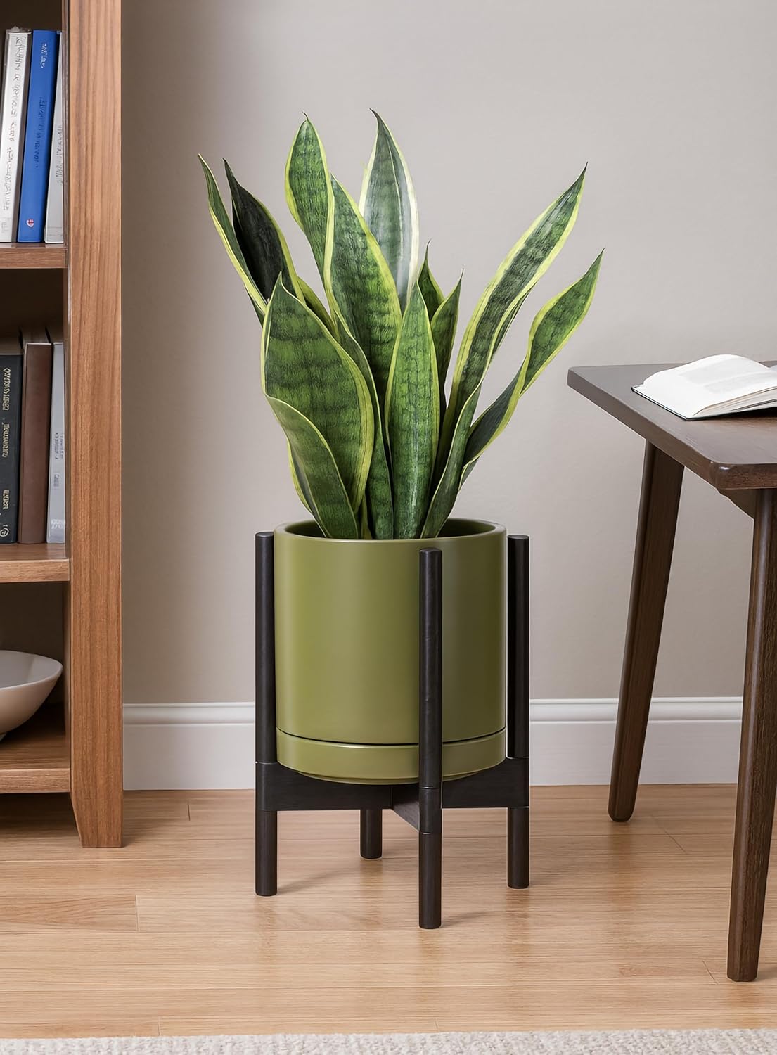 D'vine Dev Ceramic Planter with Ebony Stand - 10 Inch Modern Round Flower Pot with Wood Planter Holder, Olive, 55-B-L-J