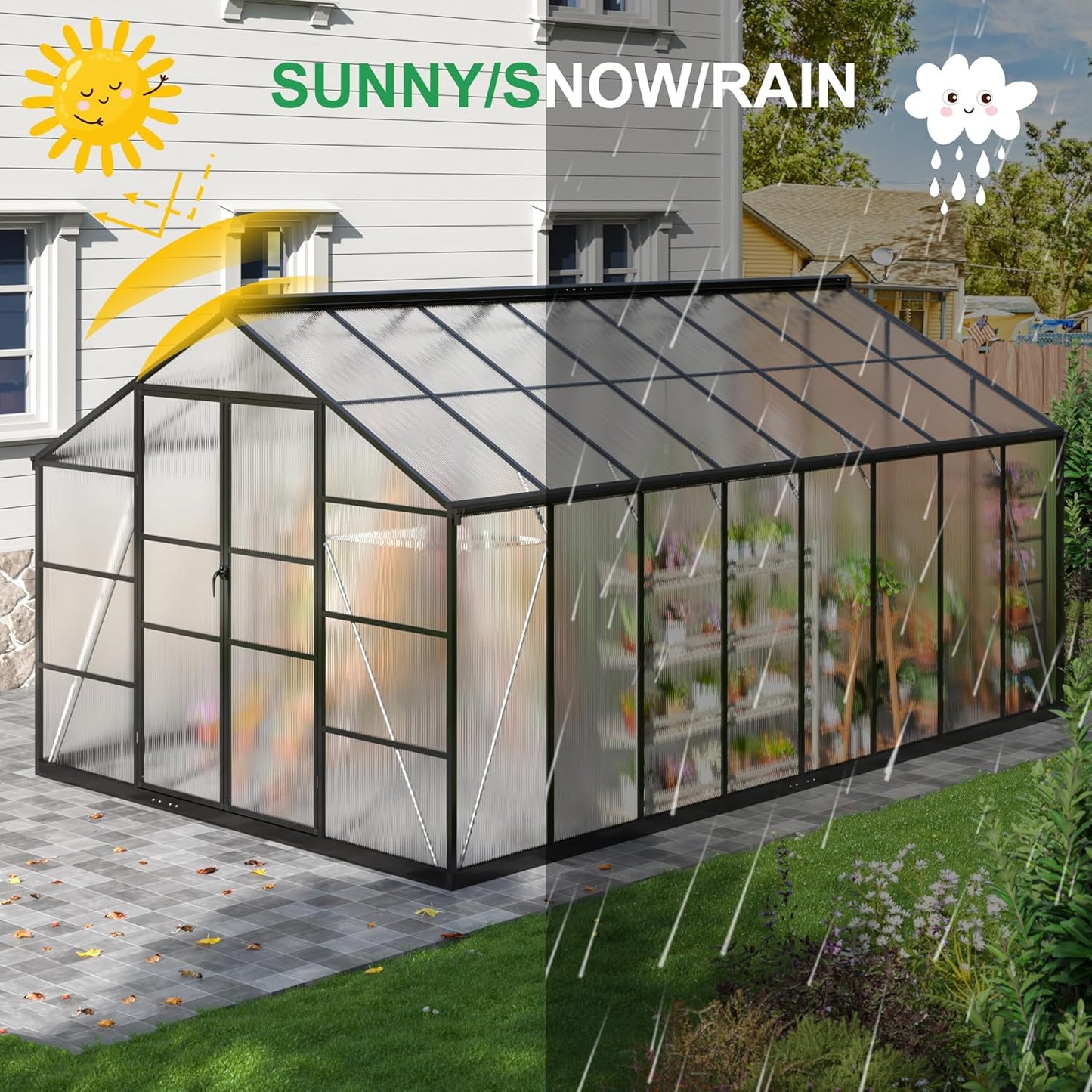 WKM 10x16 FT Greenhouse for Outdoors, Polycarbonate Greenhouse with Roof Vent and Quick Setup Structure, Enhanced Aluminum Greenhouse for Garden Backyard, Black