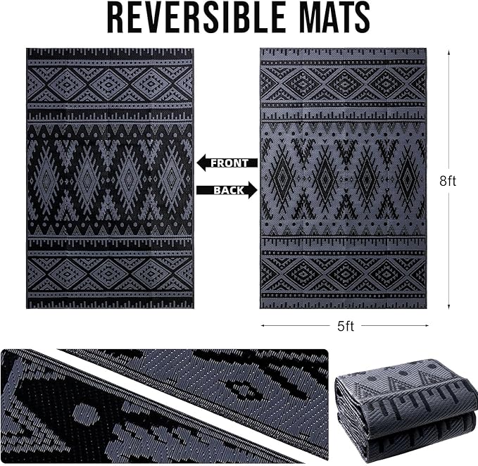 OLANLY Outdoor Rug Waterproof 5x8 ft, Reversible Outdoor Plastic Straw Rug, Boho Patio Rug, Indoor Outdoor Carpet, RV Mat Outside for Patio, Camp, Picnic, Balcony, Deck, Backyard, Black & Grey
