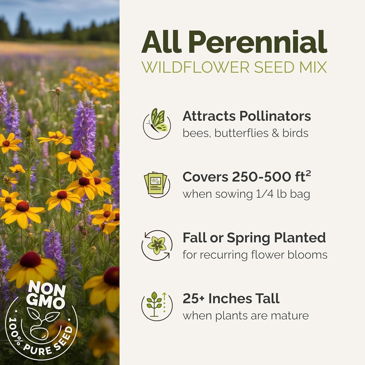 Eden Brothers All Perennial Wildflower Mixed Seeds for Planting, 5 lb, 2,400,000+ Seeds with Lupine, Shasta Daisy| Attracts Pollinators, Plant in Spring or Fall, Zones 3, 4, 5, 6, 7, 8, 9, 10