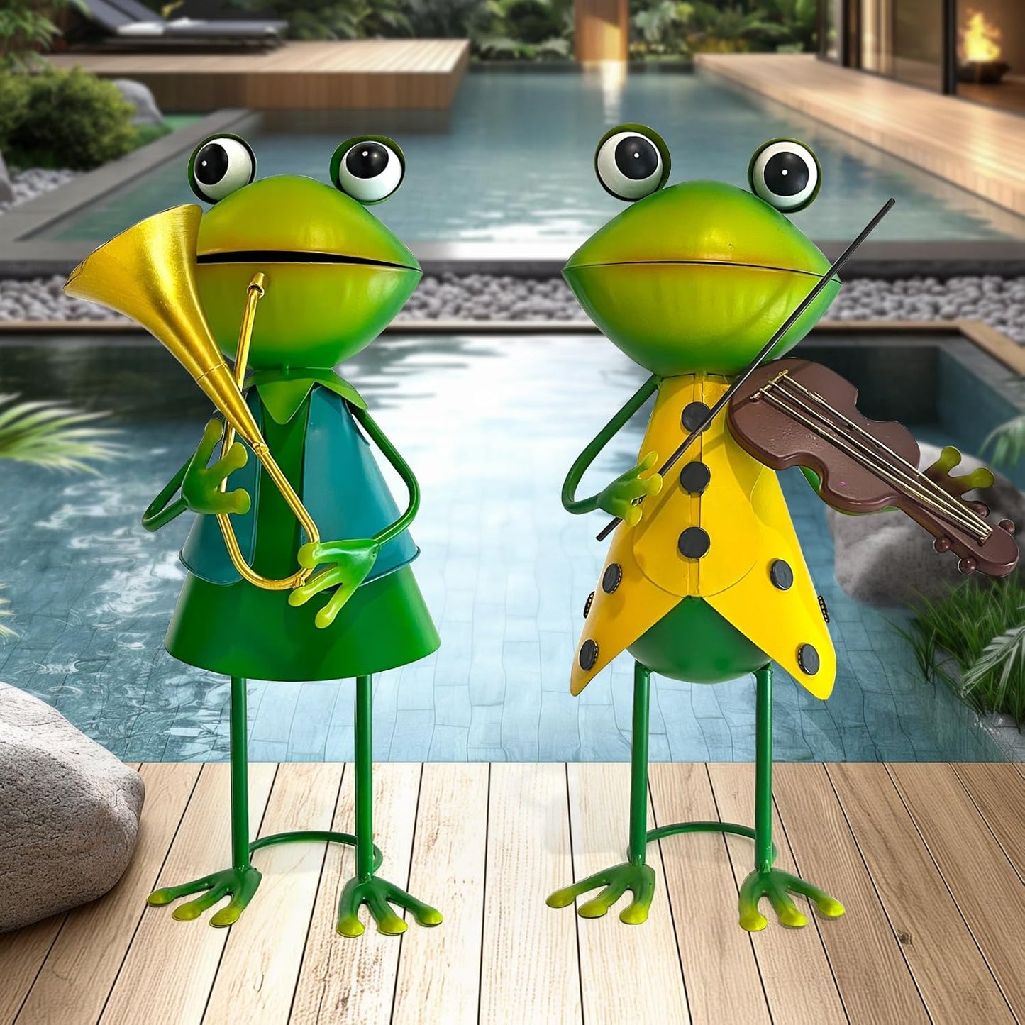 HONGLAND Frog Metal Yard Art - 3D Frog Outdoor Statue - Cute Metal Figurine - Christmas Holiday Lawn Patio Yard Garden Decor Gardening Gifts for Women (Violin)