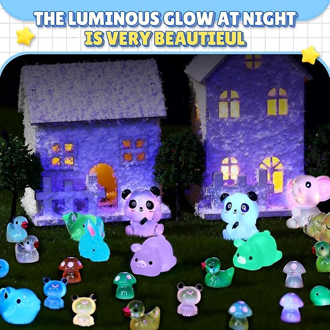 Luminous Mini Resin Animals - 130 Pcs Tiny Animals Mini Ducks Tortoise Rabbit Panda Mushroom Fruits Seashells Set Figurines Glow in The Dark Garden Miniatures Fairy Garden Accessories