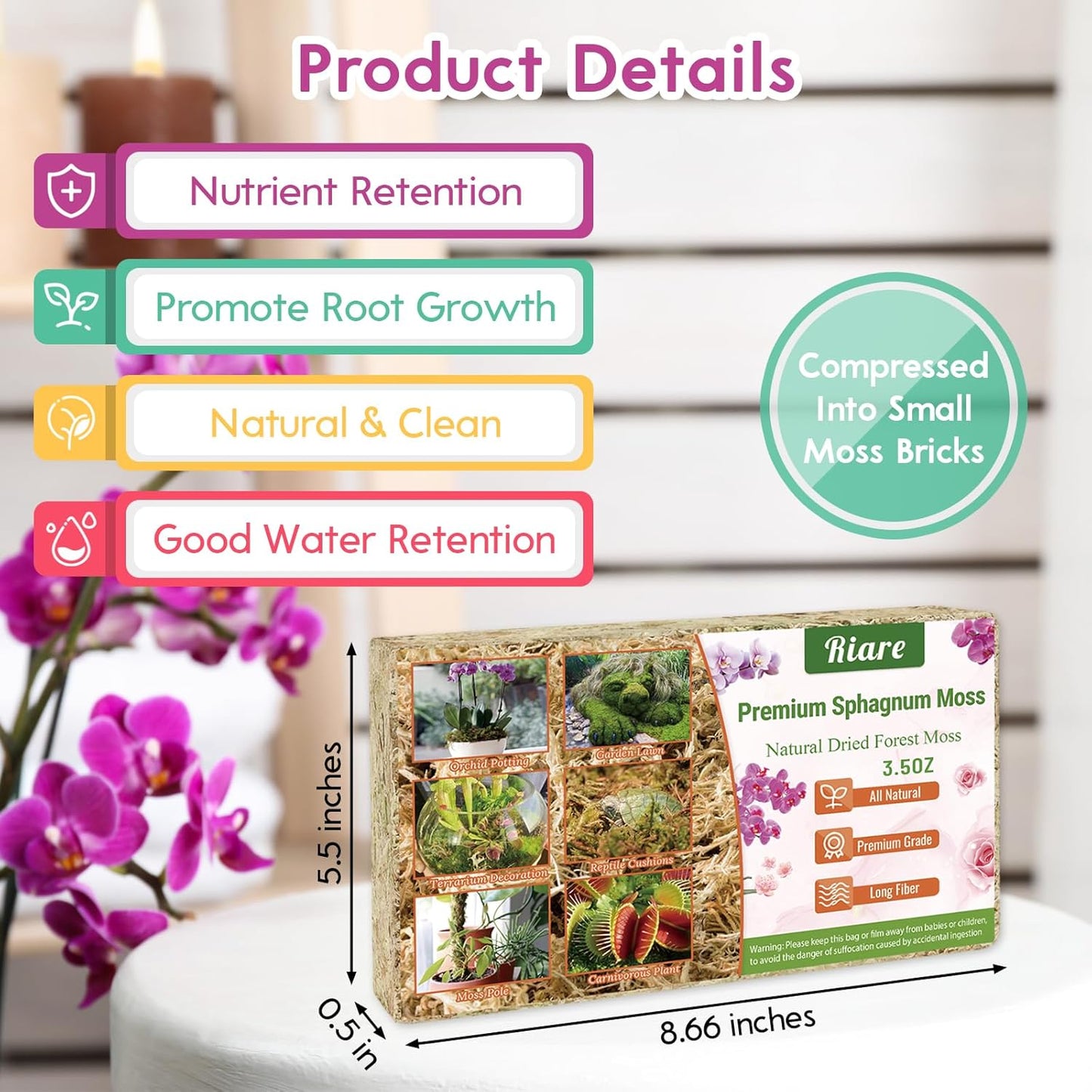 Riare 3.5 OZ Premium Sphagnum Moss for Plants- 4QT Natural Long Fiber Sphagnum Peat Moss Dried, Plants Moss Orchid Potting Mix for Orchids Repotting, Carnivorous Succulent Potted Plants and Reptiles