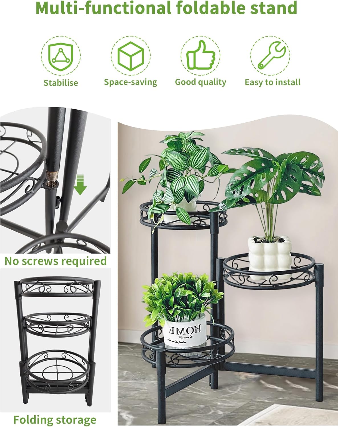 Plant Stand Indoor Outdoor,3 Tier Metal Plant Stand for Multiple Plants, Folding Tall Plant Rack Display Organizer Shelf for Corner Living Room Porch Patio Garden Office - BalckCircle