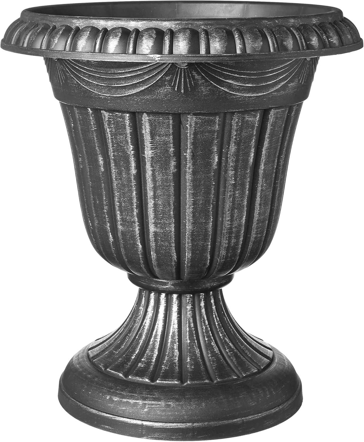 PL00SL Classic Traditional Plastic Urn Planter, Indoor/Outdoor Garden Plant Pot Garden Décor, 16” x 18”, Brushed Silver