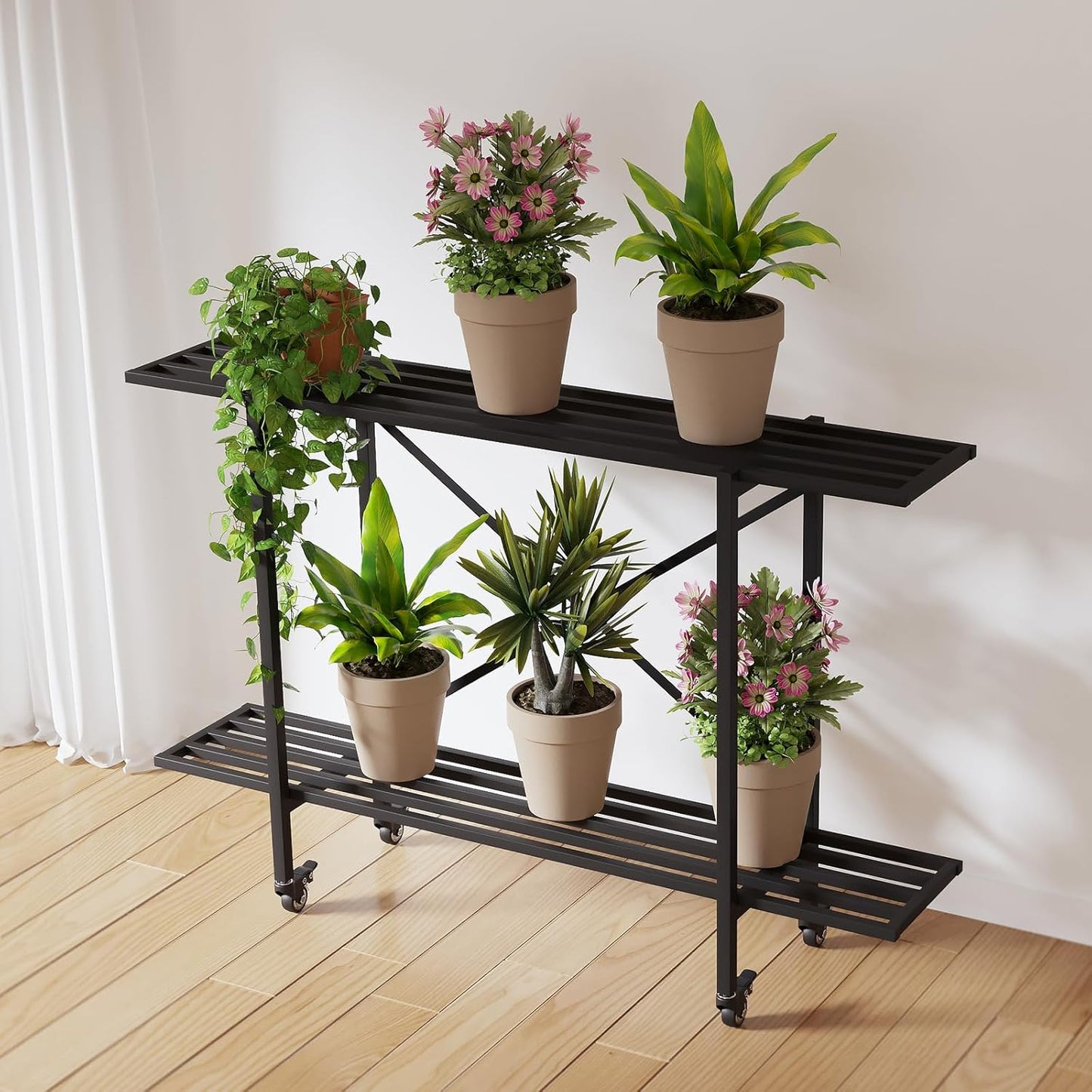 Zhongma 2 Tier Metal Sturdy Narrow Plant Stand with Wheels, Plant Stand Indoor and Outdoor, L45.67 x W10.3 x H29.9 inch, 440 LBS Capacity & Heavy Duty Construction.