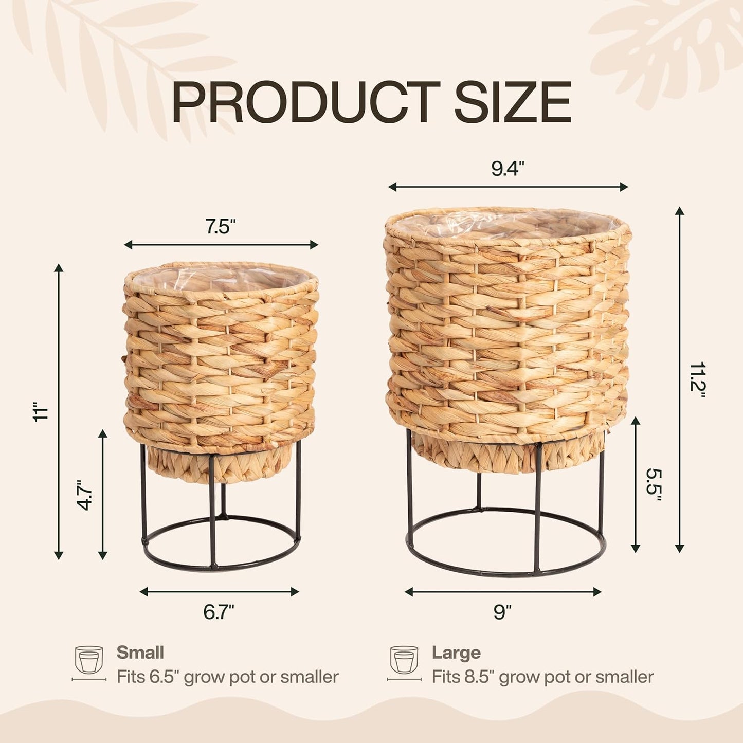 Set of 2 Water Hyacinth Planter Pot with Metal Stand - Indoor Plant, Flower, Succulent, Basket Planter, Decorative Pot Cover (Twisted)