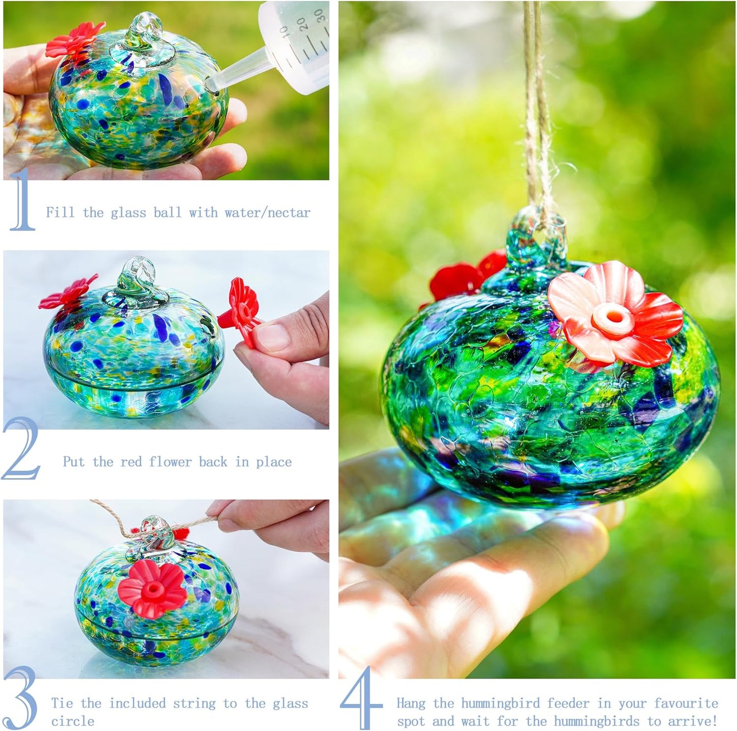 3.3OZ Glass Hummingbird Feeder with 2 Feeding Ports Blown Glass Hummingbird Feeder for Outdoors Hanging Garden Patio Decoration Uniques Gifts for Women