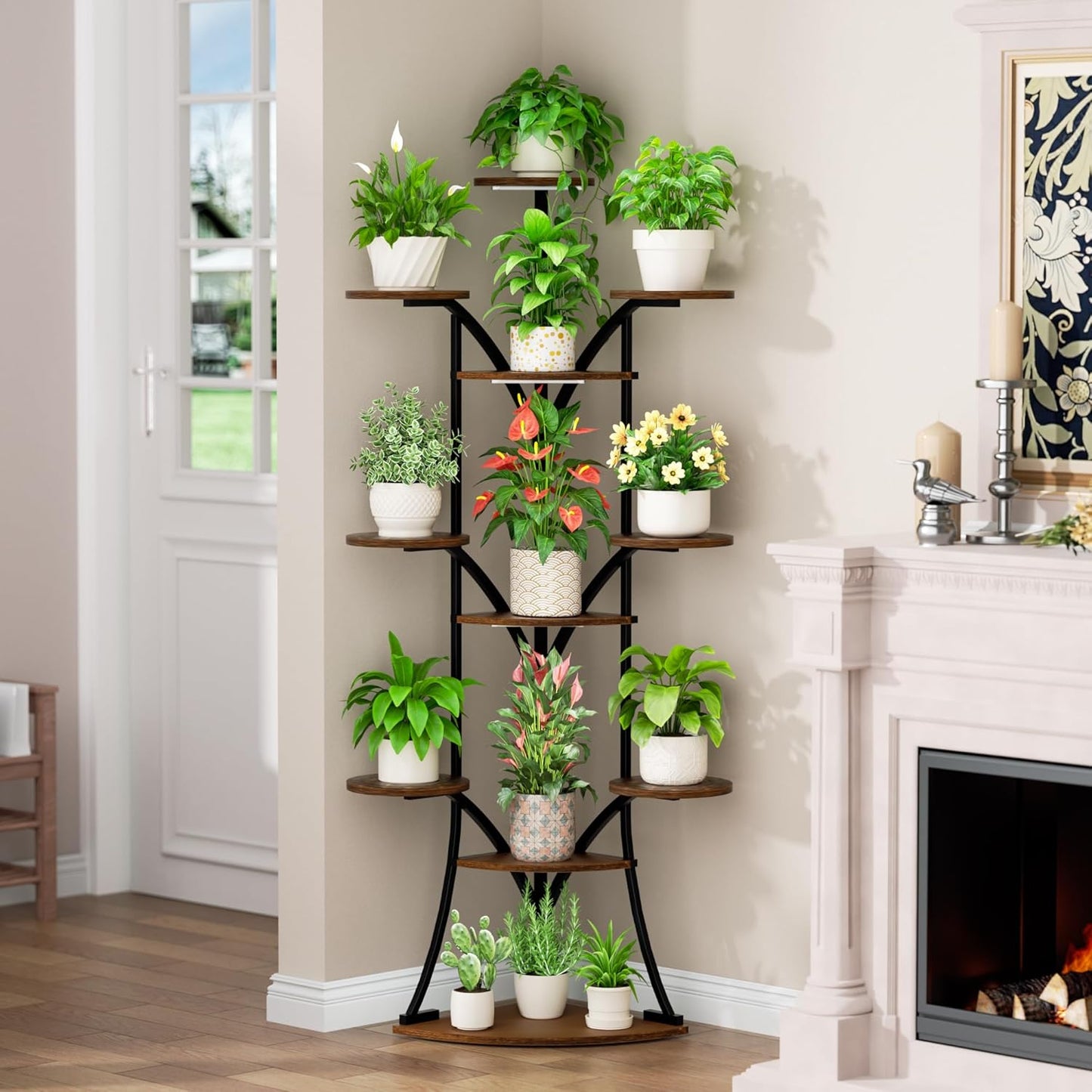 Plant Stand Indoor with Grow Lights-63'' Tall Plant Shelf, Corner Plant Stands for Indoor Growing, Tiered Plant Shelves Large Flower Holder for Indoor Plants, V-Shaped Decorative Rack for Home, Black