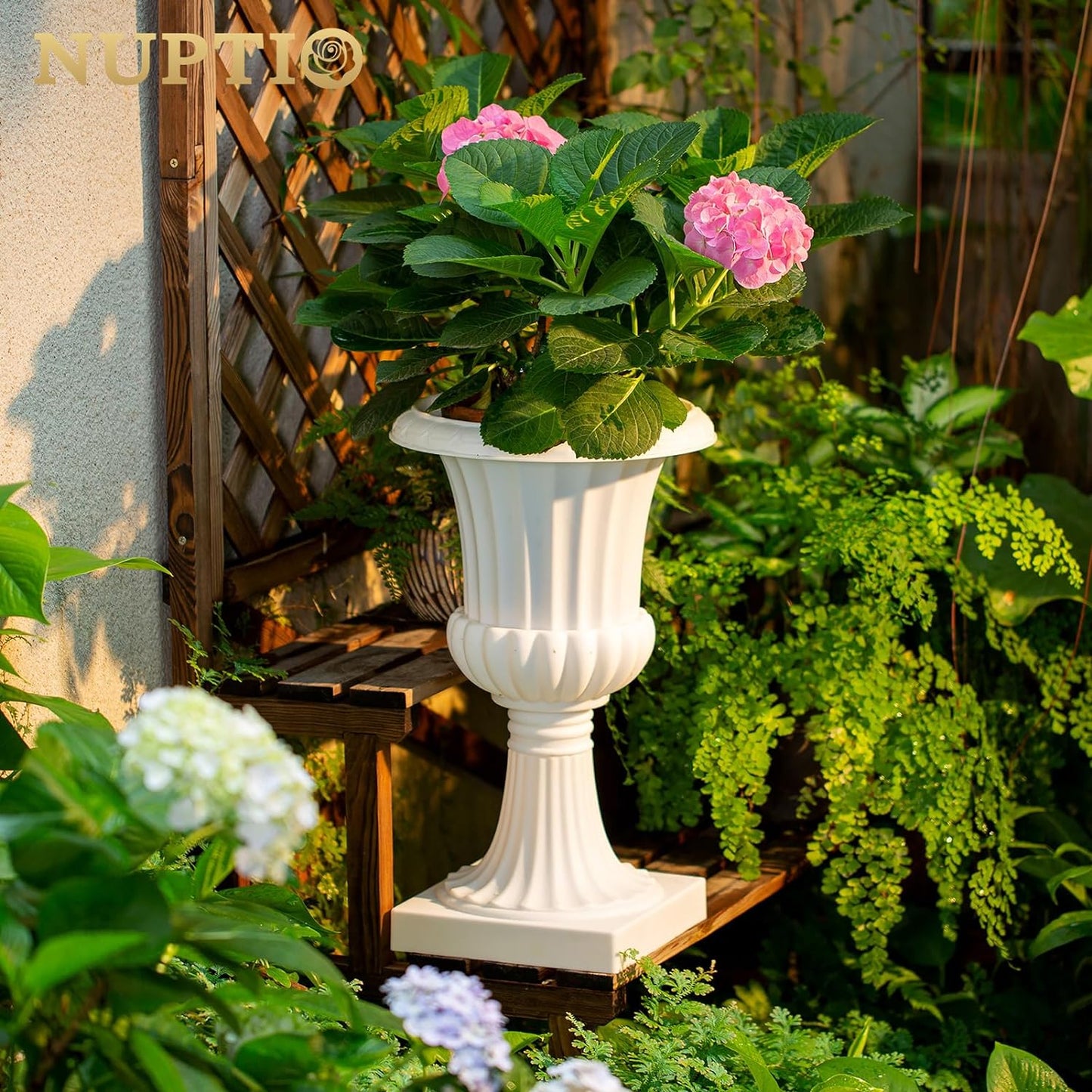 NUPTIO 2 Pcs Classic Urn Planter, 19.7 inch Tall Large Plastic Outdoor Urns Planters, Pedestal Flower vases Plant Pot, Resin Grecian Plants pots for Garden Porch Front Door, White