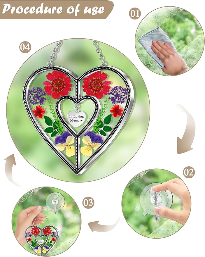 KY&BOSAM Heart Suncatcher In Loving Memory Memorial Gift for Loss of Loved One Unique Sympathy Gift Idea Real Flower Suncatcher Bereavement Grief Gift Box for Loss of Mom Friend Son Daughter Dog Decor