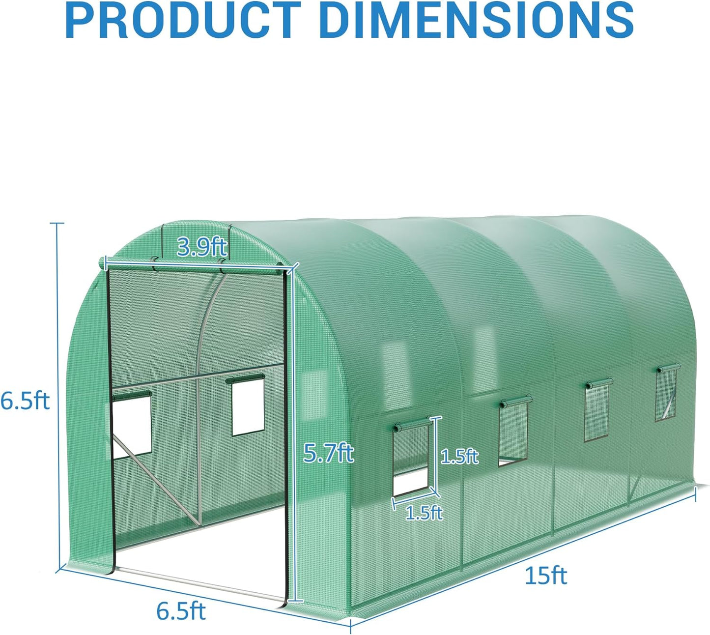 15x7x7 Ft Walk-in Tunnel Greenhouse for Outdoor Gardening - Heavy Duty Galvanized Steel Hoop House with Green PE Cover, Roll-Up Zipper Door & 8 Vent Windows, Plant Protection & Year-Round Growing