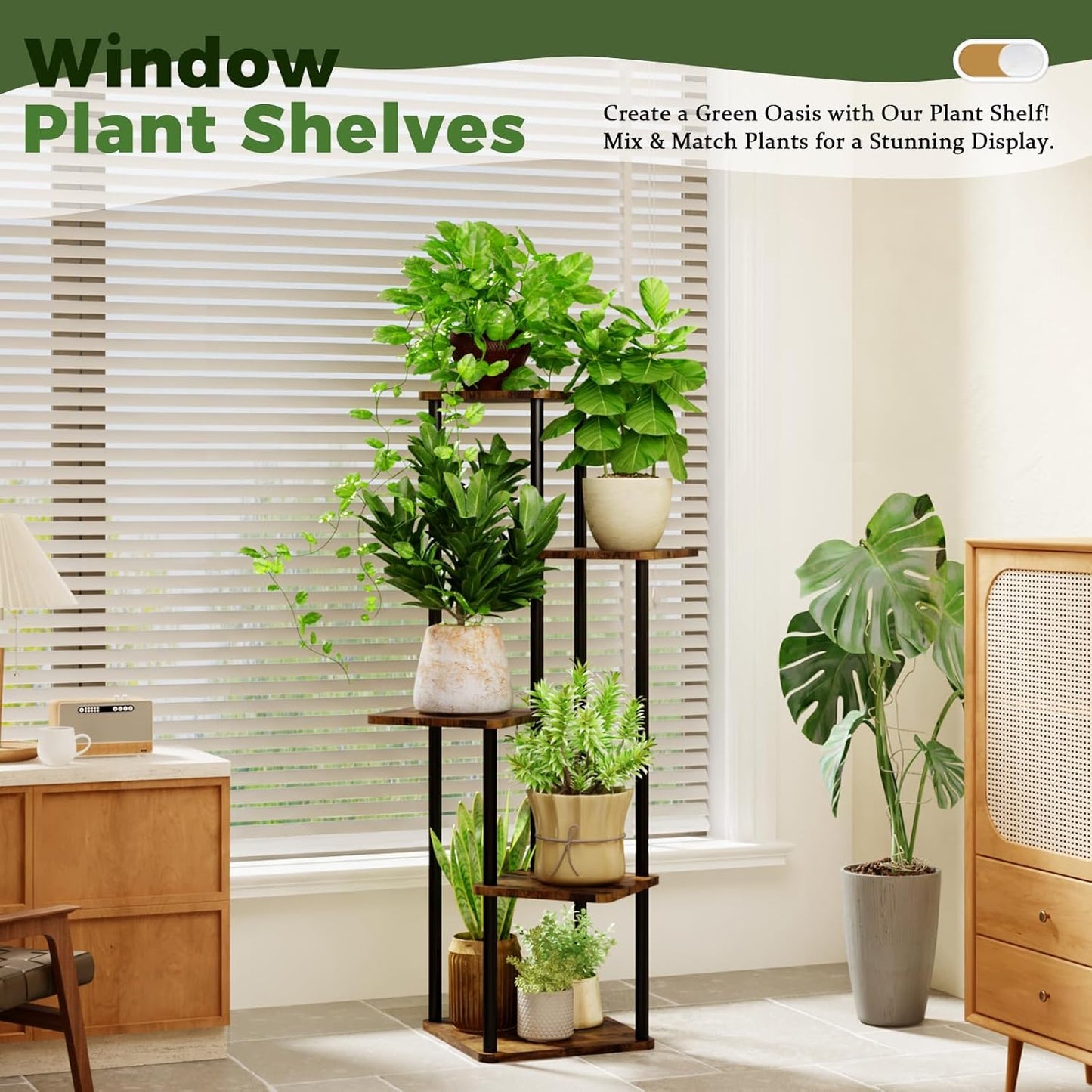 5 Tiered Plant Stand Indoor Corner Plant Shelf for Multiple Plants for Patio Garden Balcony Living Room Bedroom, Tall Metal Flower Pots Stand Relaxing for Women Gift Brown Oak