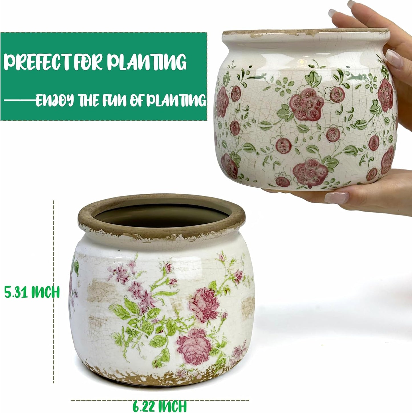 Vintage Ceramic Ice Crack Flower Pot with Drainage Holes, Country Rustic Planters for Indoor and Outdoor,Tuscan Decor,Home,Living Room, Garden Decor, Gardening Gift (Garden)