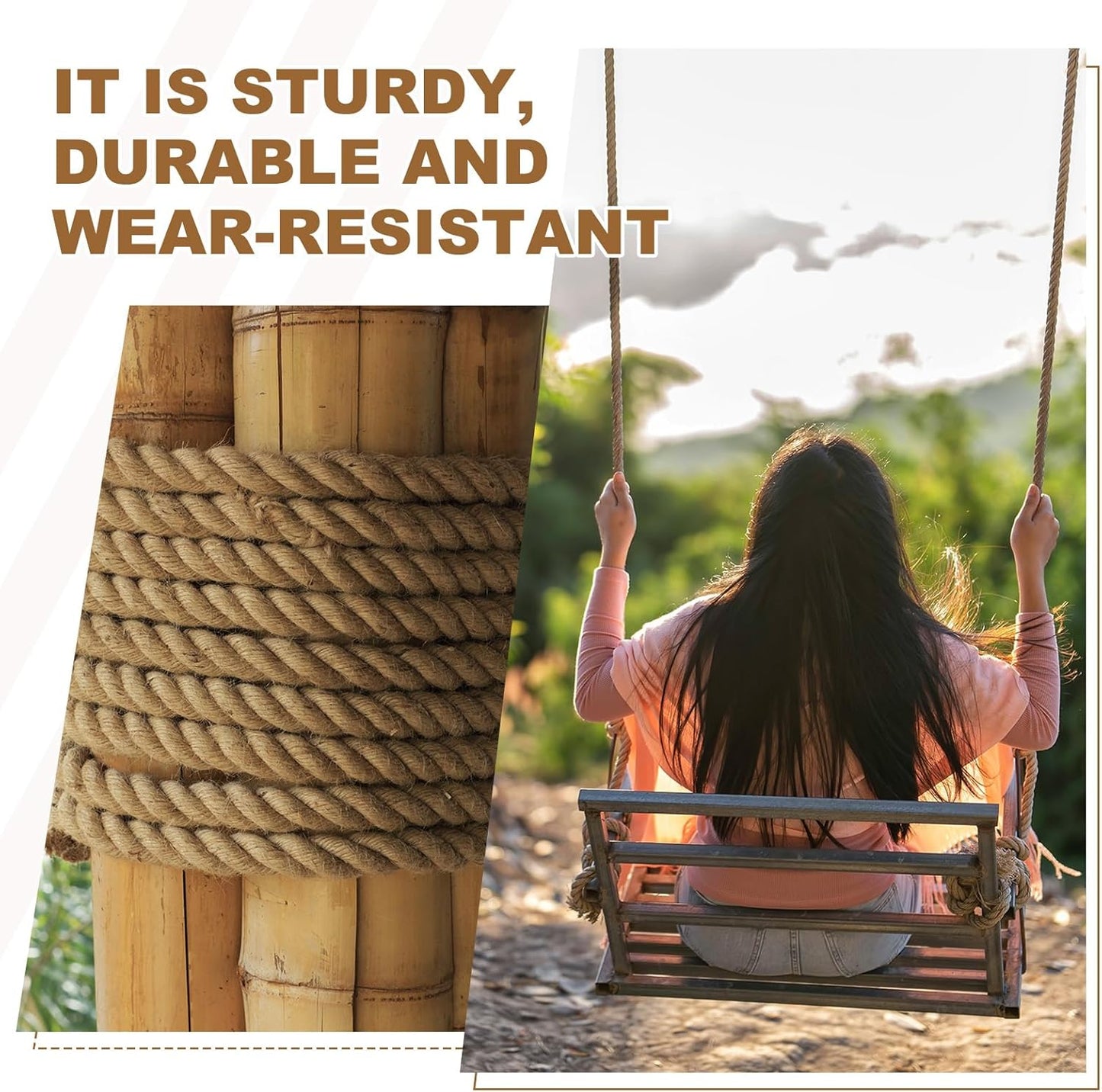 MECCANIXITY Jute Rope 25ft x 0.7 Inch, Thick Twine Rope Ropes Braided Jute Twine Natural Brown Burlap Cord String Heavy Twisted with Tape for Decorative Crafts Railing Swing Tug of War