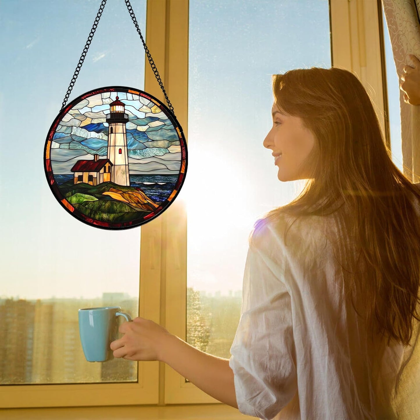 Stained Glass Window Hanging, Ocean Lighthouse Sun Catchers Glass Panel Blue Green Suncatcher Decor for Birthday for Women, Men, Wife, Aunt, and Mom 11.8 in