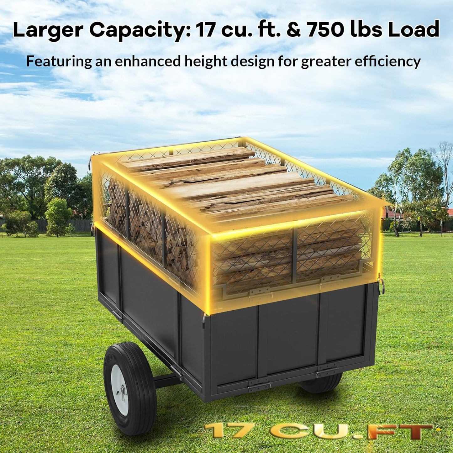 GAOMON Heavy Duty Utility Trailer for ATV/UTV, 750lbs Capacity Garden Dump Cart with 17 Cu. Ft. Bed, Removable Sides, Pneumatic Tires, Hitch Compatible Pull-Behind Yard Cart for Lawn Mower, Tractor