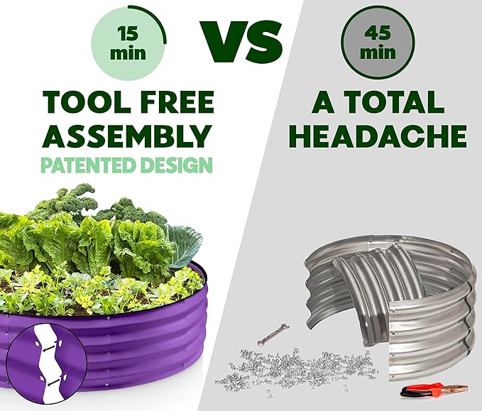 Round Galvanized Raised Garden Bed // 4×4×1 ft (2-Pack) Galvanized Raised Garden Beds Outdoor for Gardening, Vegetables, Flowers // Patented Tool-Free Design Round Planter (Purple)