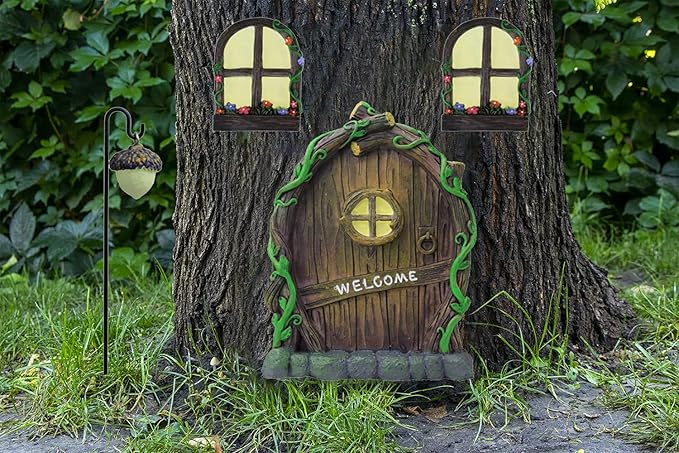Resin Miniature Fairy Gnome Home Windows and Welcome Door with Fairy Lantern,Glow in Dark Art Sculpture for Trees Outdoor Indoor Garden Yard Wall Decorations