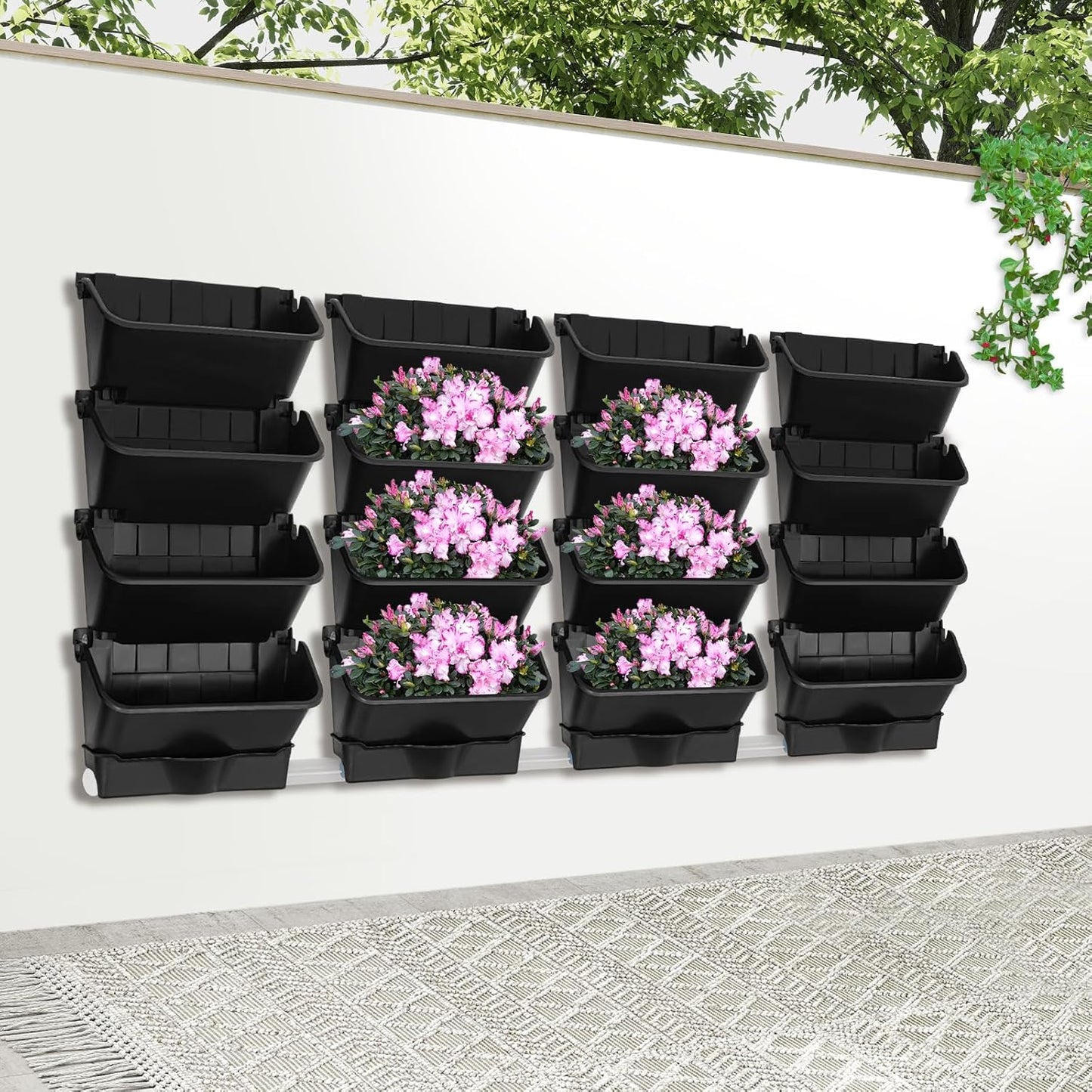 Vertical Wall Planter with 16 Pots, Hanging Garden Plant Flowerpot Holder, Stackable Wall-Mounted Planter, Balcony Planters for Flowers Vegetables Fruits (Black, 16 Pots+4 Drainage Planters&Pipe)