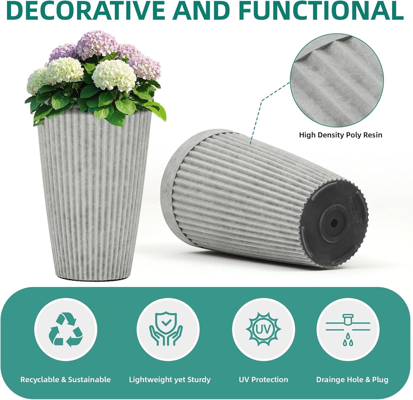20" Resin Tall Planters for Outdoor Plants, Set of 2 Vintage Gray Large Flower Pots with Handmade Fluted Texture, Heavy-Duty and Weather-Resistant for Year Round Indoor Outdoor use