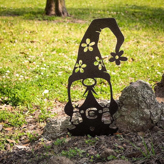 RealSteel Metal Garden Gnomes Outdoor – Steel 4 Pack Lawn Ornaments & Statues, Funny Yard Decor, Weatherproof Garden Decoration, Gift for Gardeners (Black)