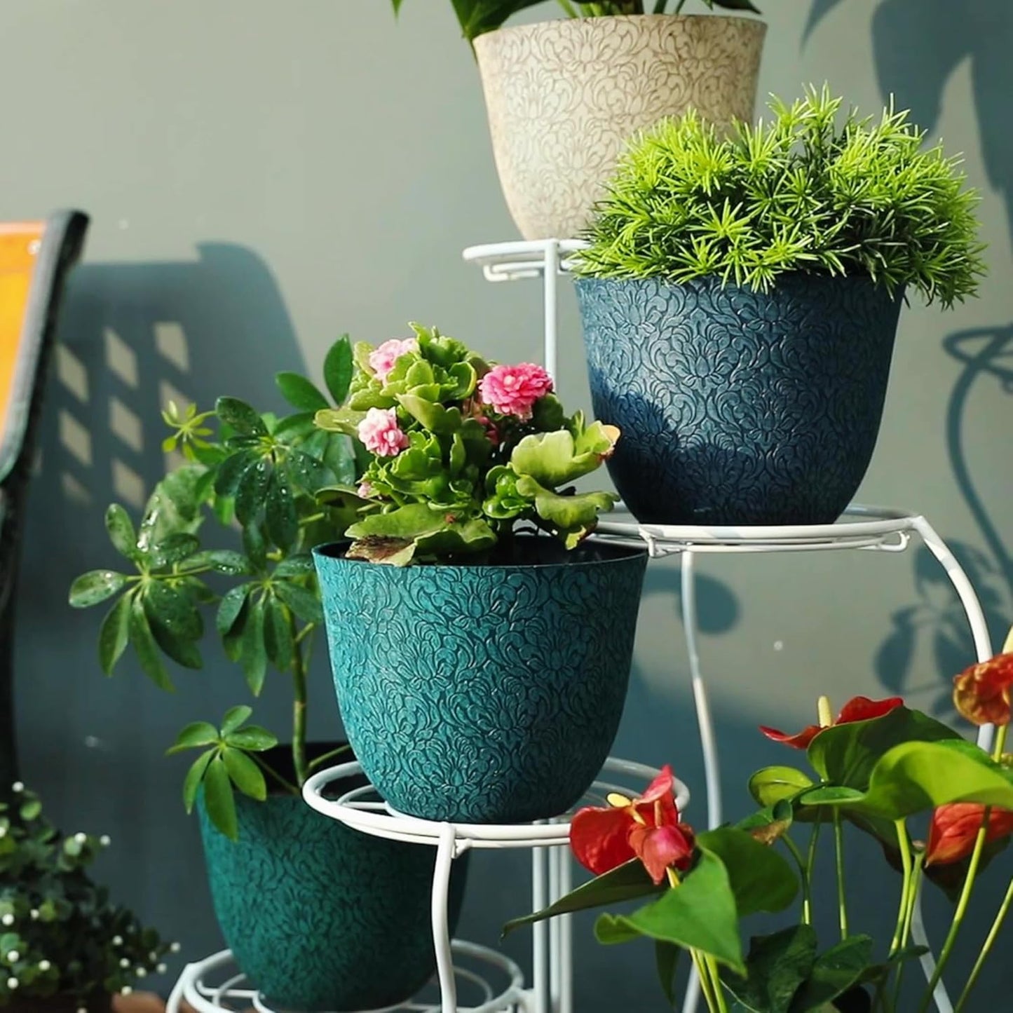 Worth Garden Plastic Round 8" Plant Pots for Indoor Plants - Set of 6 Multicolor Small Flower Pots W/Drainage Hole and Rubber Plug - Home Christmas Decorative planters Retro Floral Pattern