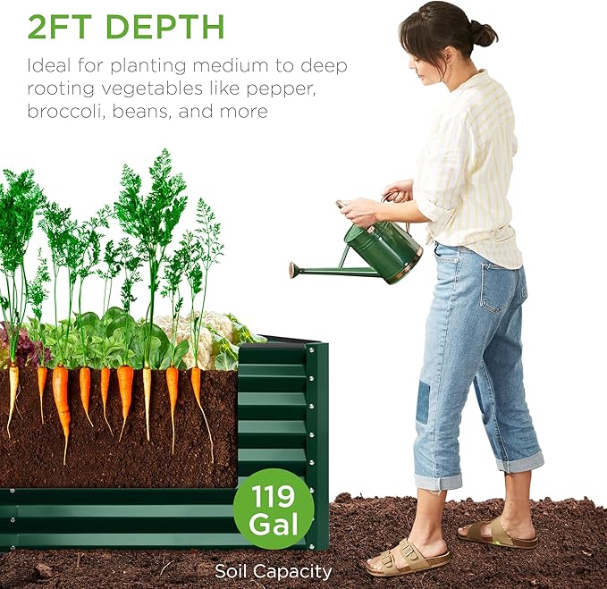 Best Choice Products 4x2x2ft Outdoor Metal Raised Garden Bed, Deep Root Planter Box for Vegetables, Flowers, Herbs, and Succulents w/ 119 Gallon Capacity - Dark Green