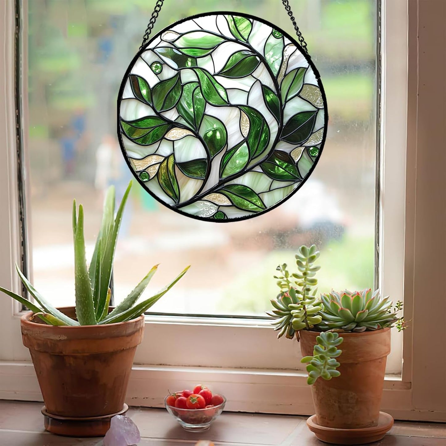 Stained Glass Window Hanging - White Green Leaves Suncatcher for Doors Window Home Plant Sun Catchers Decor Christmas Mother's Day Birthday Gifts for Teacher Women Men Mom Nana 6.3 in