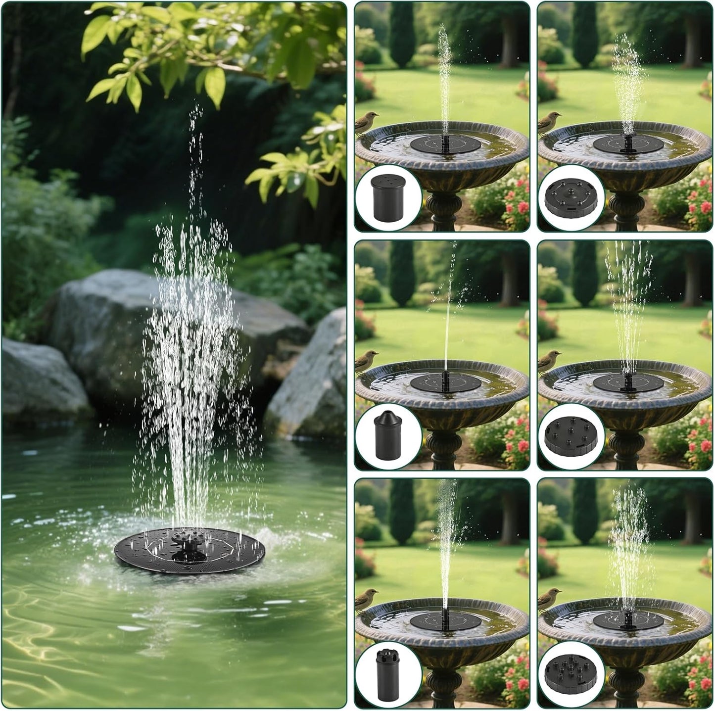 1W Solar Bird Bath Fountain Pump, Solar Fountain, Solar Powered Water Pump, Outdoor Water Fountain with 6-in-1 Nozzles, Free Standing Floating Solar Powered for Bird Bath, Garden, Pond, Pool, Outdoor