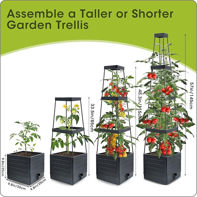 MQFORU Raised Garden Bed, 57" Tomato Planter with Trellis, Tomato Cages for Climbing Vegetables Plant, Self Watering Tomato Support Box for Garden Pots, Use for Patios Greenhouse Indoor Outdoor（1Pc）