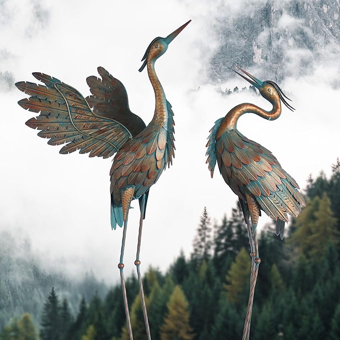 Crane Statues for Garden Decor, Metal Yard Art Heron Garden Statues, Standing Garden Sculptures & Statues for Yard Decorations Outdoor, 38-42 Inch Set of 2, Copper