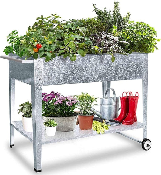 Raised Planter Box with Legs Outdoor Standing Elevated Garden Bed On Wheels for Vegetables Herb Patio Apartment, Galvanized