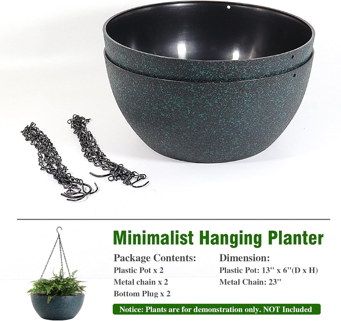 WOUSIWER 13 inch 2 Pack Large Hanging Planters for Indoor Outdoor Plants with Drainage Holes and Chain, Round Hanging Flower Pots for Garden Home Porch Decor, Black with Green Speckles