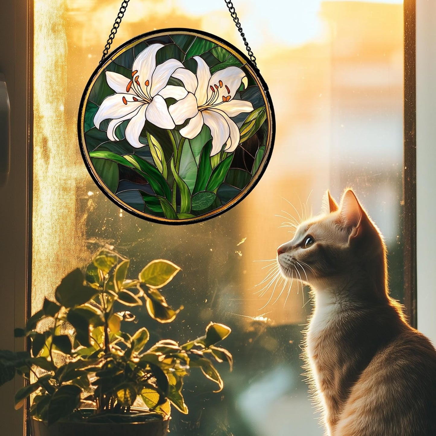 Stained Glass Window Hanging, White Lily Suncatcher for Door Garden Patio Birth Flower Green Plant Sun Catchers Decor Christmas Mother's Day Birthday Gifts for Women Mom Nana Friend 9.8 in