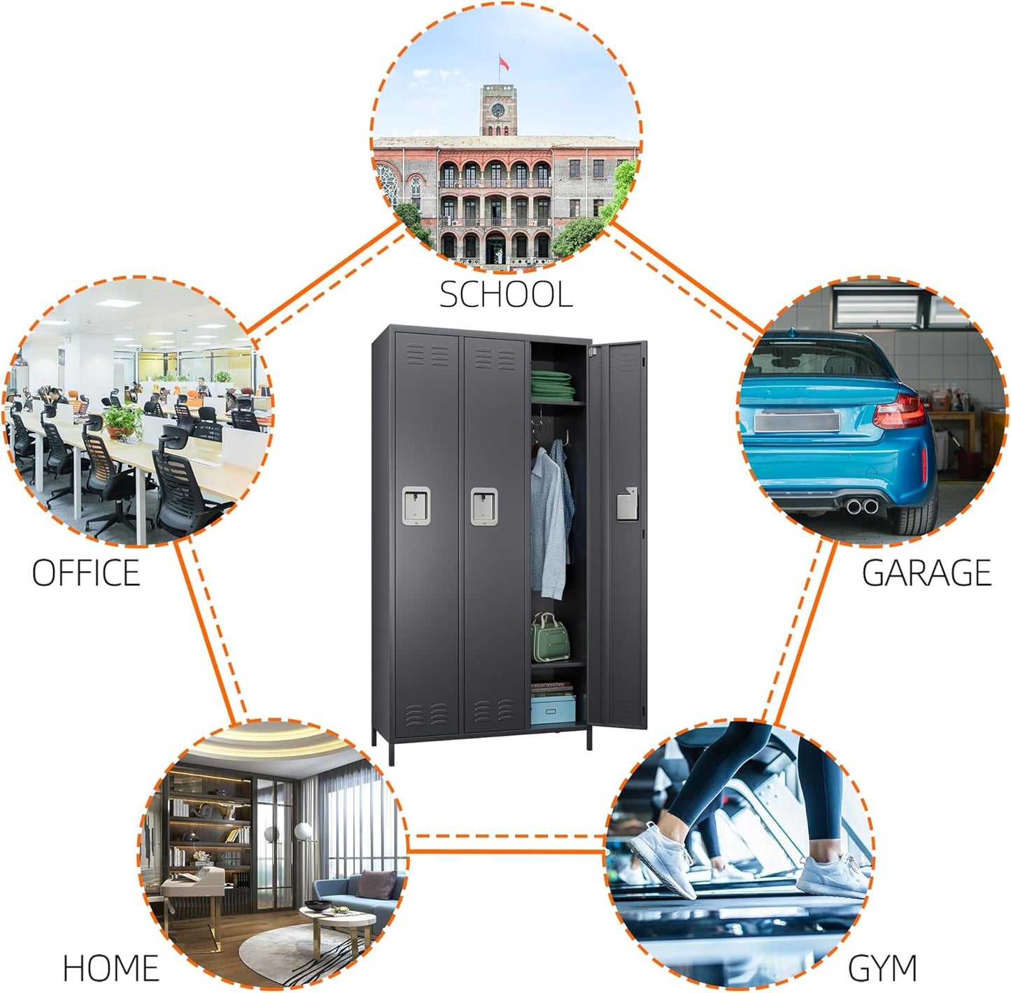 Metal Employee Lockers with 3 Doors,Metal Locker with 9 Hooks for Office Gym Garage Home,Assembly Required,Dark Grey