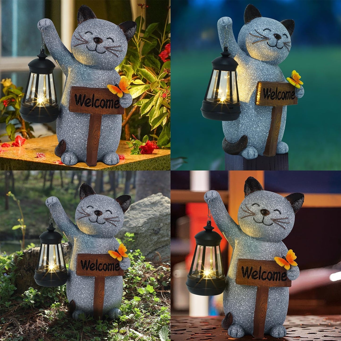 Juegoal Garden Statue Solar Cat Figurine with Lantern, 10" Resin Kitten Outdoor Lawn Porch Yard Art, Lighted Christmas Birthday Gifts for Mom Grandma