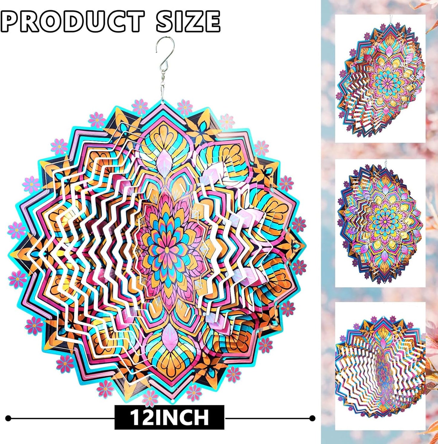 Goolyrusim Metal Wind Spinner - Mandala Lotus Wind Spinners, 12inch Kinetic 3D Hanging Wind Sculptures, Indoor/Outdoor Garden & Yard Art Decoration, Creative Gifts for Women Mom Grandma & Holidays