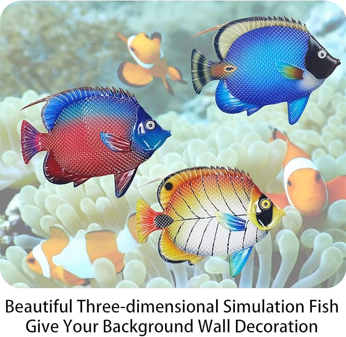 John's Studio Metal Fish Sea Wall Decor Outdoor Garden Hanging Art Sculptures Home Ocean Theme Decorations for Kitchen Bathroom and Pool - 3 PCS