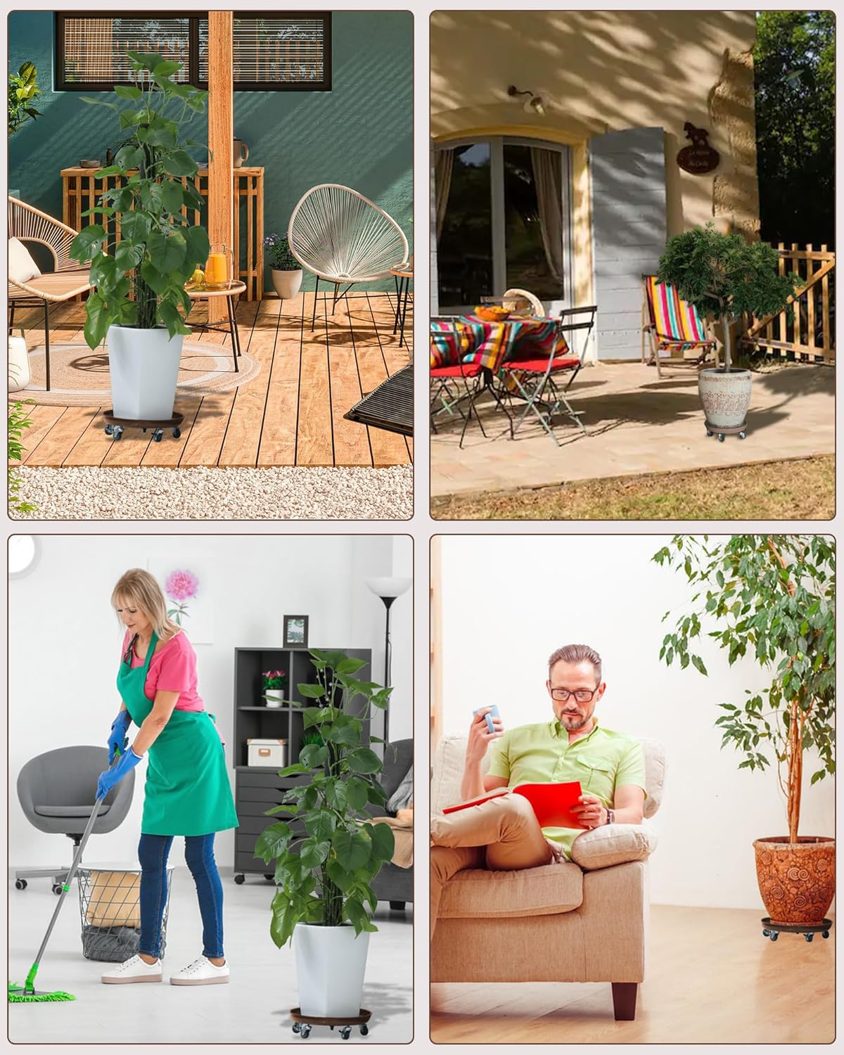 Heavy Duty Plant Caddy with Solid Rubber Wheels, Lockable, Increased Load Capacity, One-Minute Installation, Suitable for Indoor, Outdoor, Patio, Garden Settings, 16 Inches 3PACK, Brown