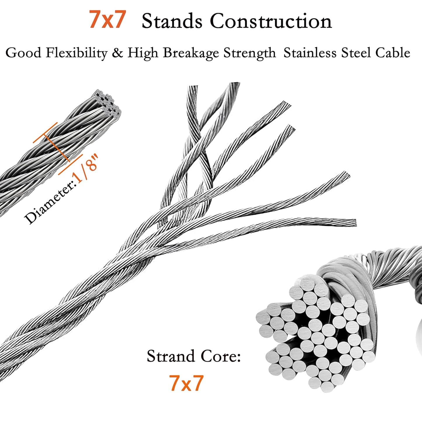 1/8 Inch Stainless Steel Wire Rope Kit, 7x7 Strands, 100 ft Length, With Cable Cutters, Sleeves, Thimbles, Clips, For Climbing Plants, Deck Railing, Fencing, Outdoor Hanging