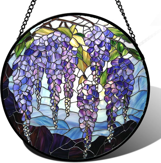 Stained Glass Window Hanging, Purple Wisteria Flowers Suncatcher for Doors Window Home Plant Sun Catchers Decoration Mother's Day Birthday Gifts for Women, Men, and Mom 6.3x6.3 in