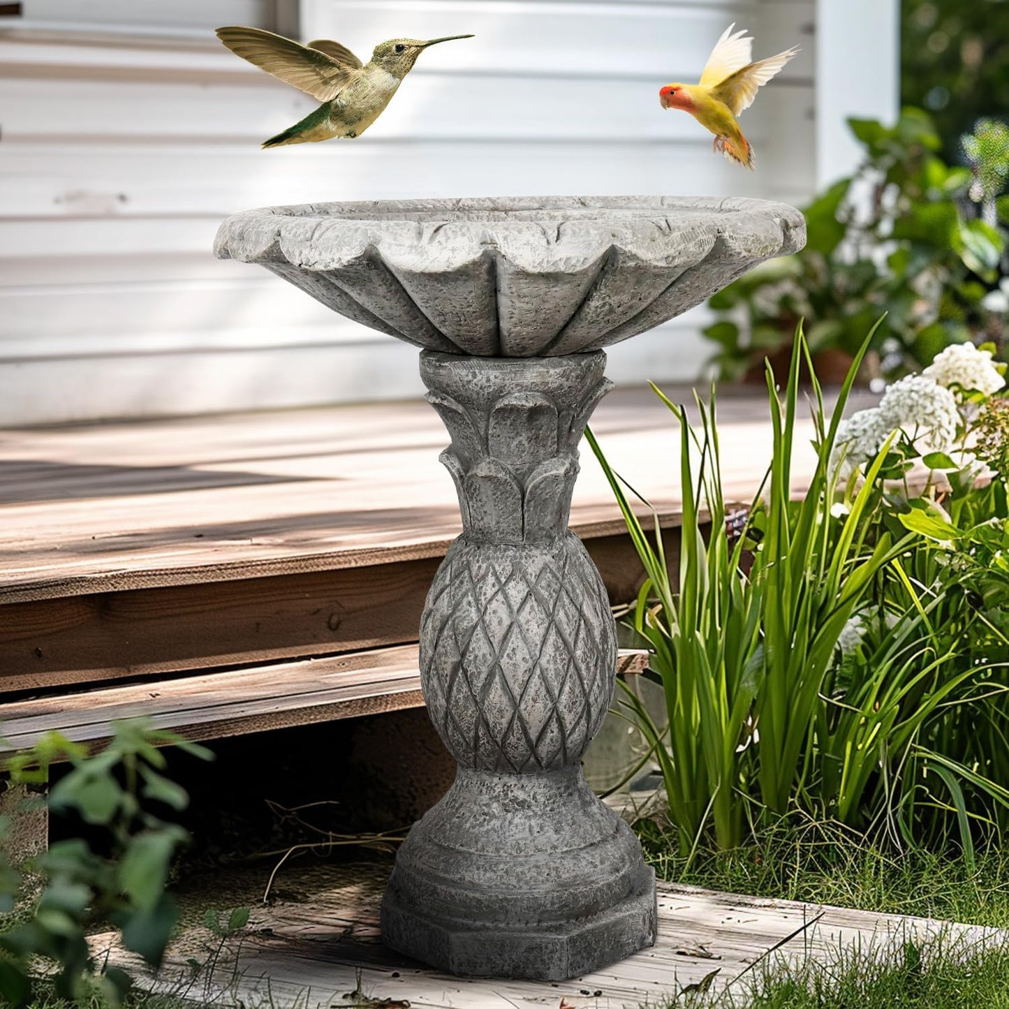 SunJet 24.8 Inch Heigh Concrete Bird Bath with Pineapple Texture – birdbath Sturdy & Elegant Design, Vintage Freestanding Style, Attracts Birds and Enhances Garden, Patio, Yard, Lawn Décor