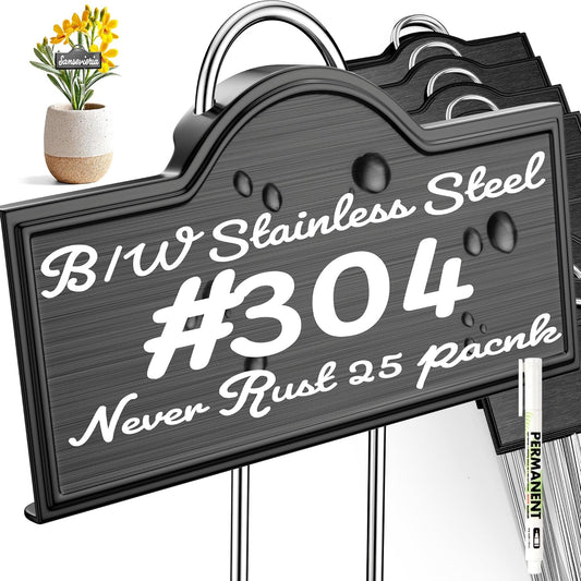 Stainless Steel 304 Plant Labels Weatherproof, Metal Garden Label Tall Markers 25 Pack for Outdoor Plants Vegetables Herb Seedlings Flowers with a Pen, Label Area 3.74'' x 1.39'' Height 10.75 Inch