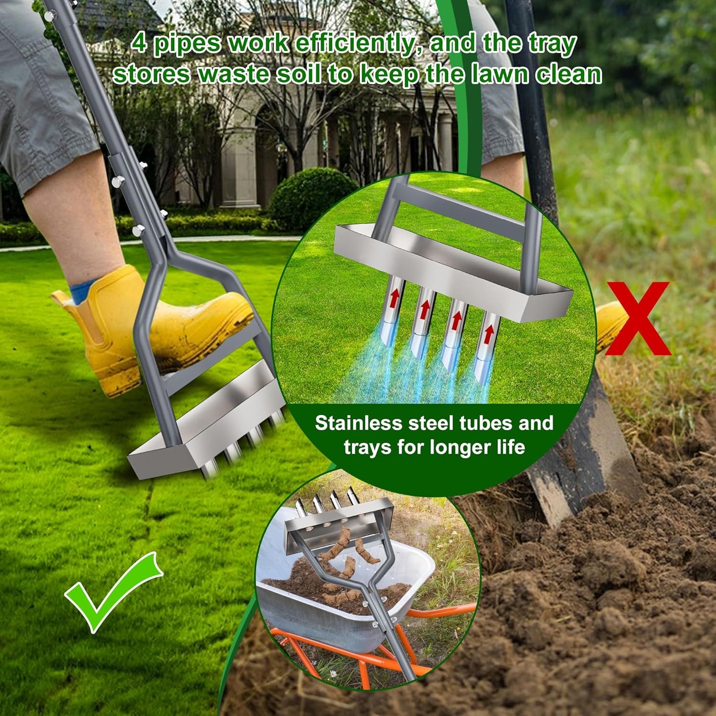 Lawn Coring Aerator, Manual Aerator Lawn Tool, Stainless Steel 4 Core Aerator And Soil Core Storage Tray, Plug Aerator For Garden Tools & Yard tools, For Loosening Soil and Improving Lawn Health